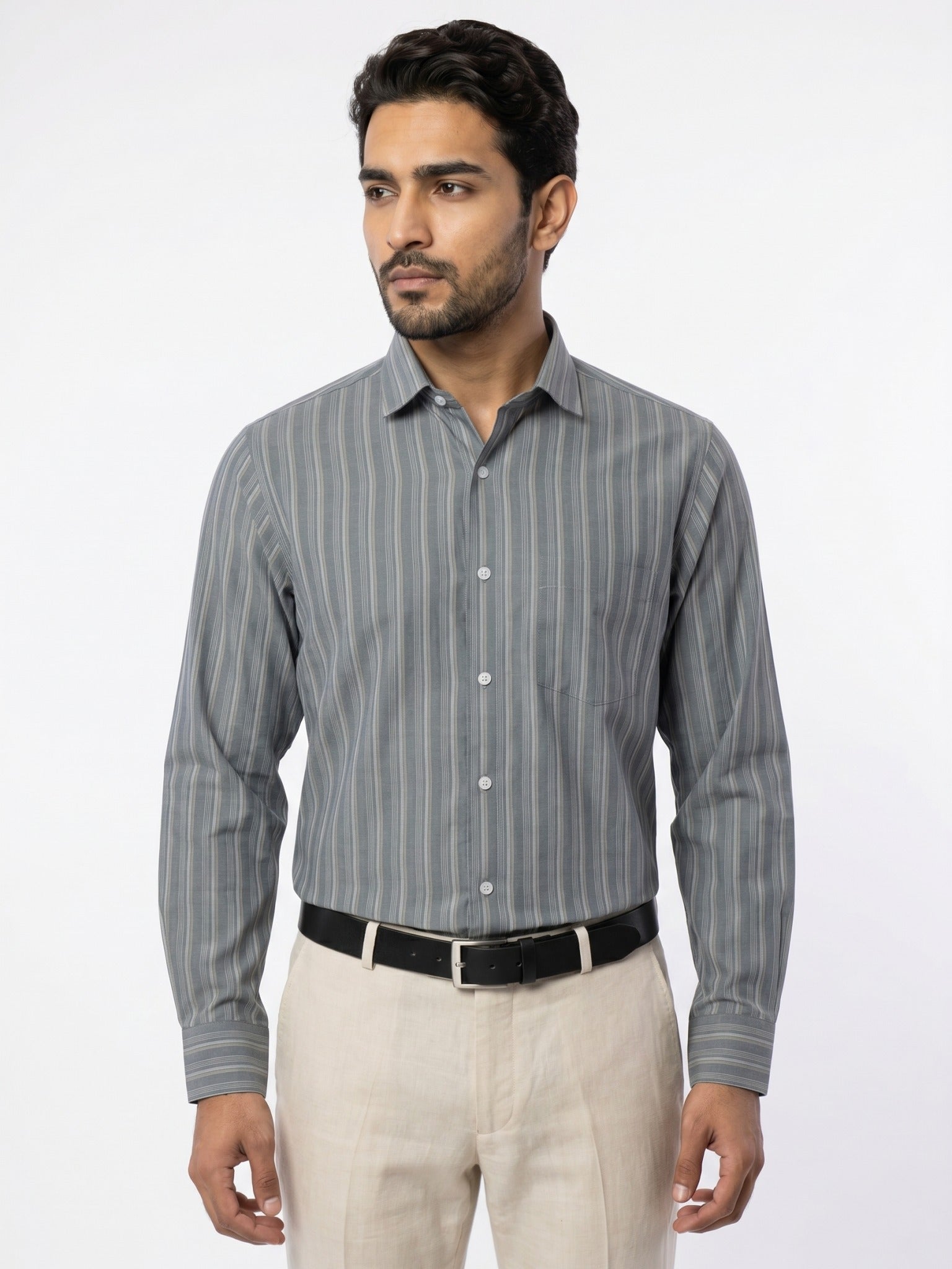 Men's Grey Striped Full-Sleeve Shirt – 22945-2
