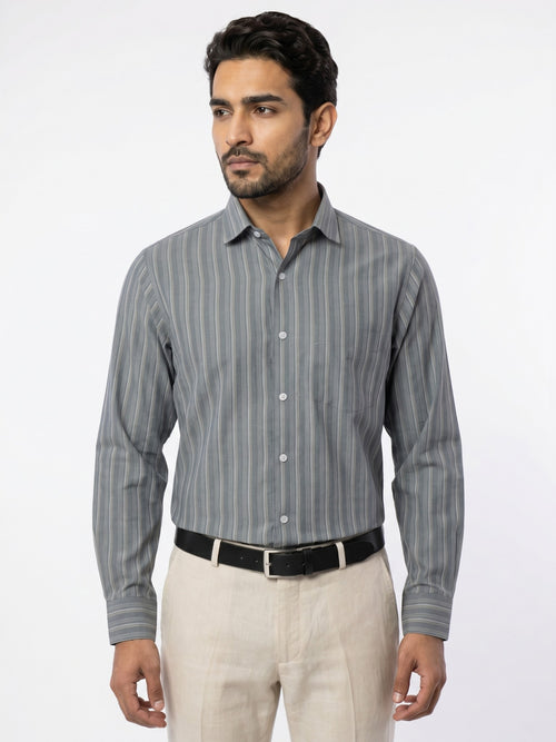 Men's Grey Striped Full-Sleeve Shirt – 22945-2