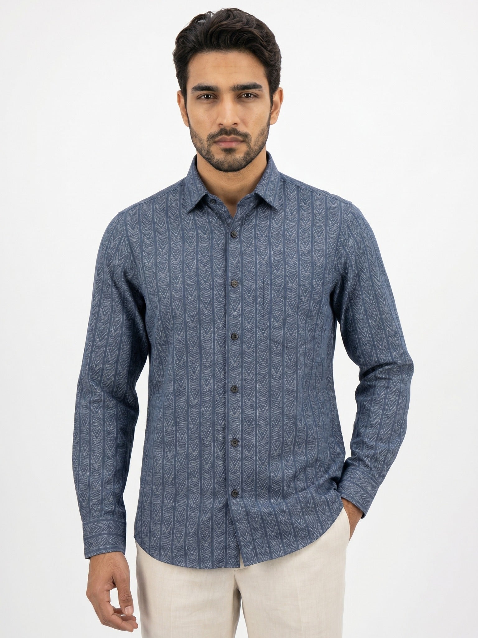 Men's Indigo Blue Chevron Print Full-Sleeve Shirt – 22656