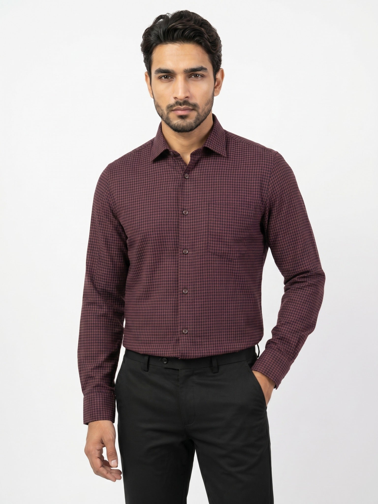 Men's Maroon Houndstooth Check Full-Sleeve Shirt – 47146