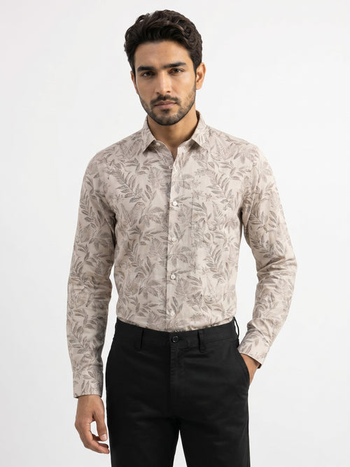 Men's Beige Tropical Leaf Print Full-Sleeve Shirt – 35196