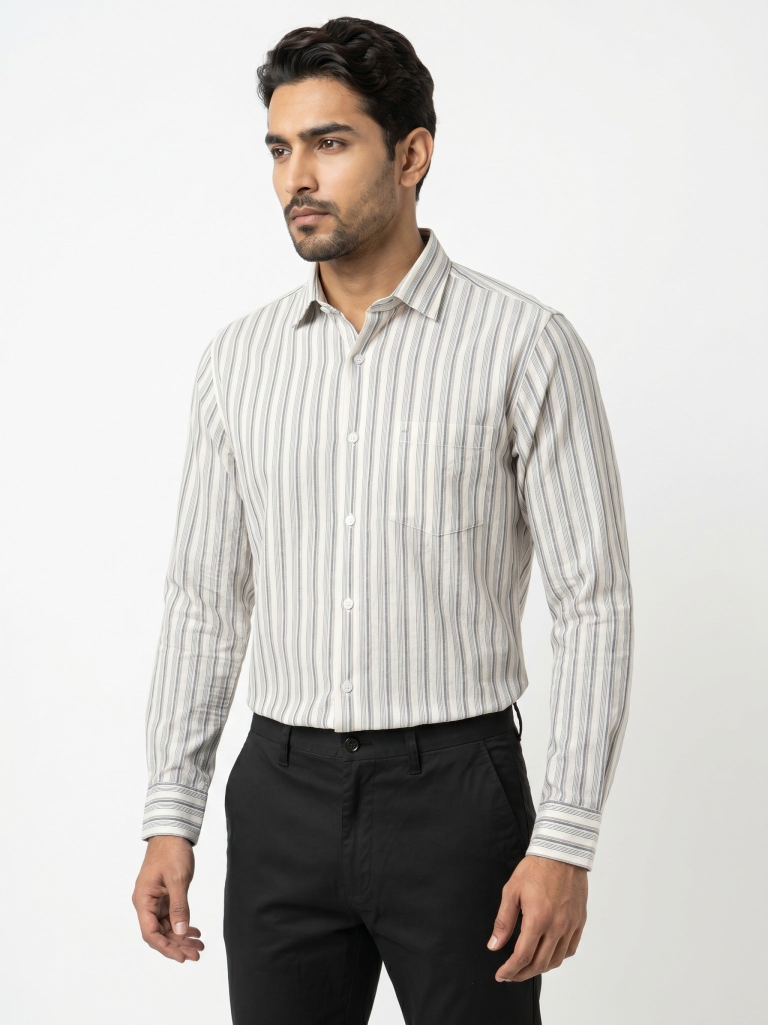 Men's White & Grey Striped Full-Sleeve Shirt – 22945-1