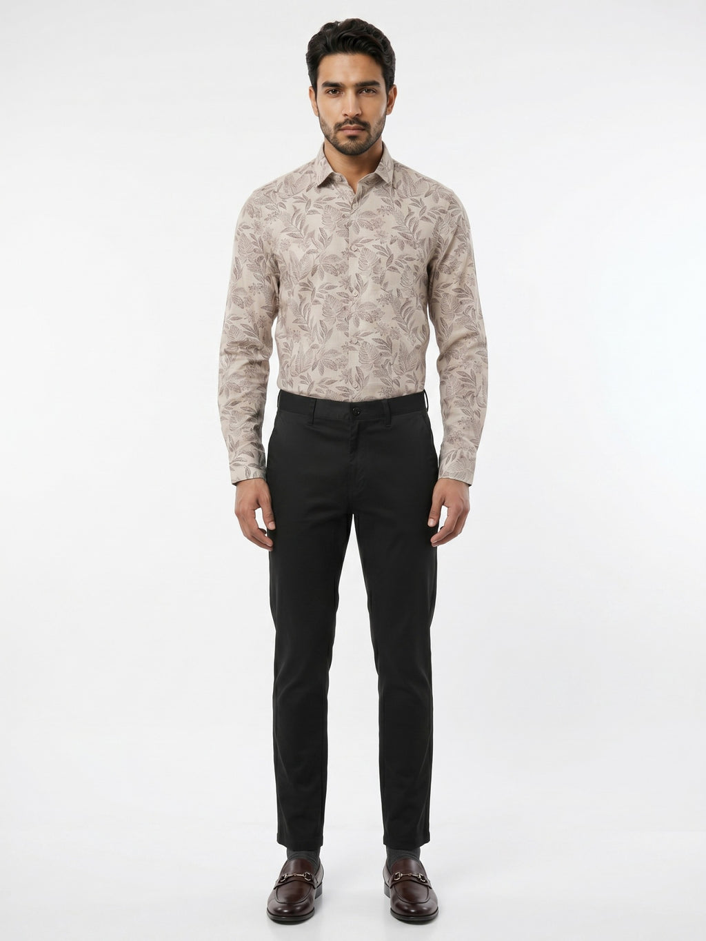 Men's Beige Tropical Leaf Print Full-Sleeve Shirt – 35196