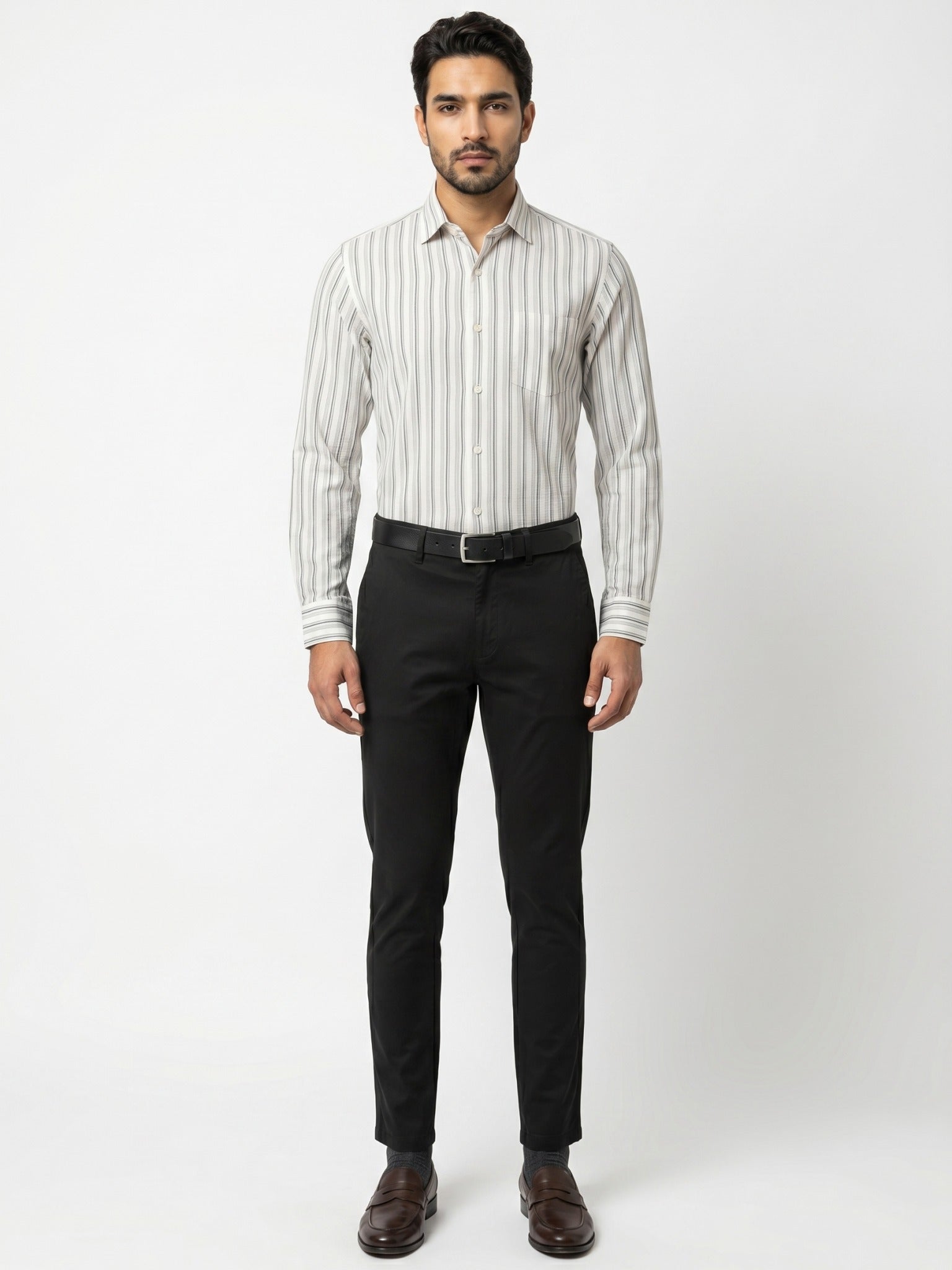 Men's White & Grey Striped Full-Sleeve Shirt – 22945-1