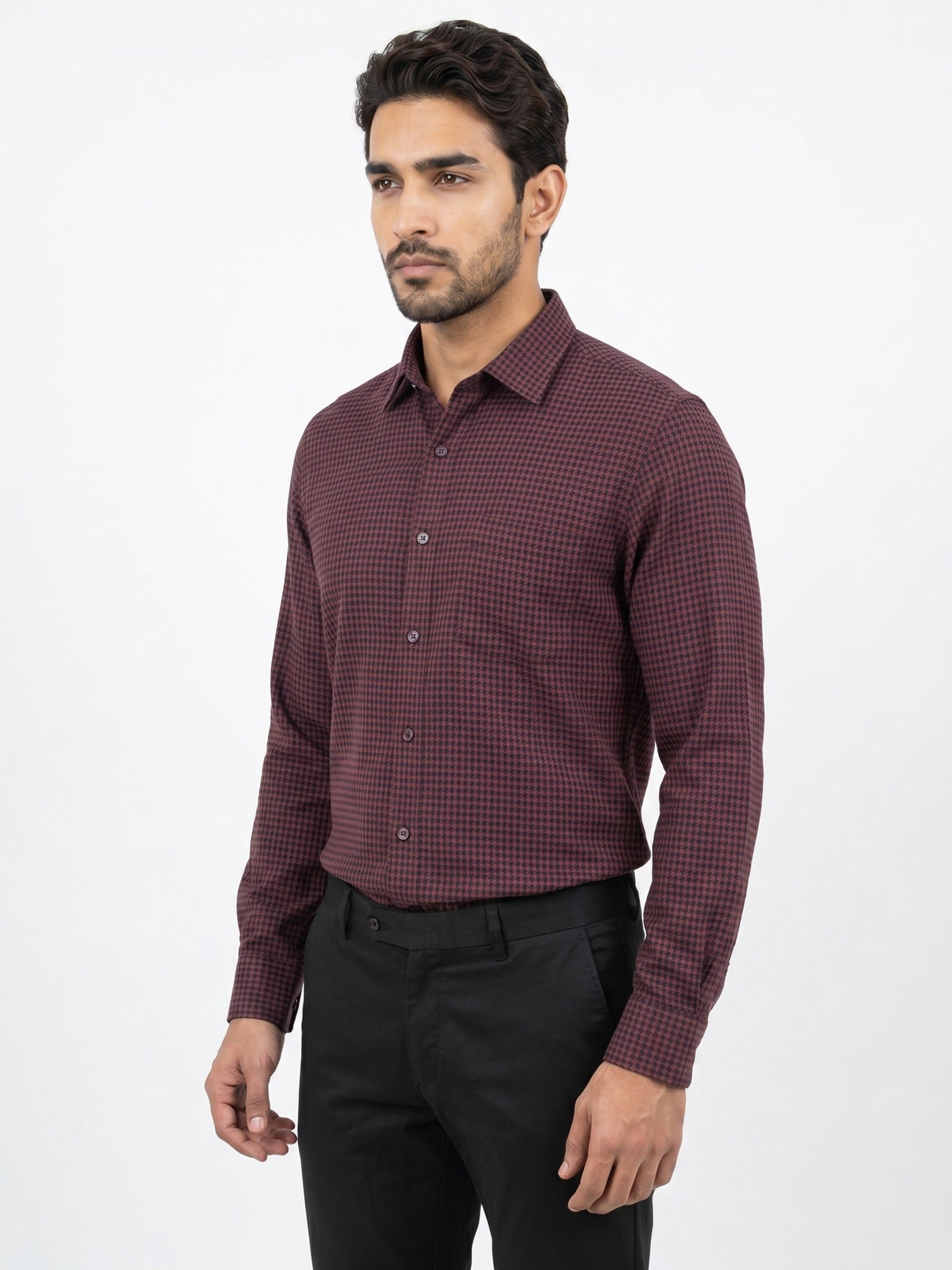 Men's Maroon Houndstooth Check Full-Sleeve Shirt – 47146