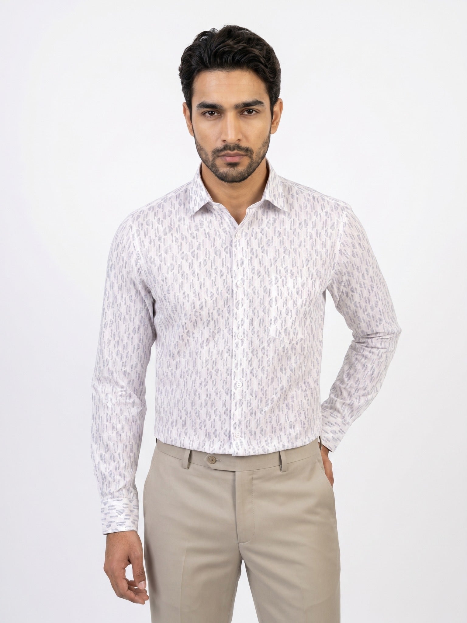 Men's White & Beige Rangoli Print Full-Sleeve Shirt – Rangoli 574A
