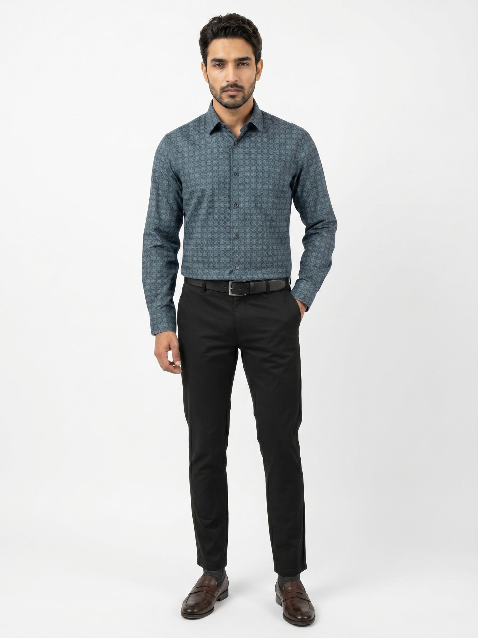 Men's Teal Blue Medallion Print Full-Sleeve Shirt – 22572-01