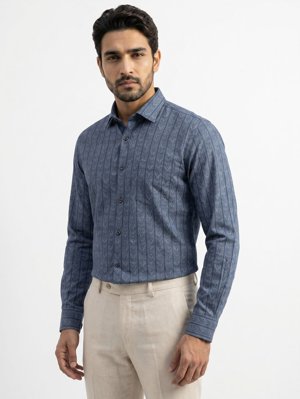 Men's Indigo Blue Chevron Print Full-Sleeve Shirt – 22656