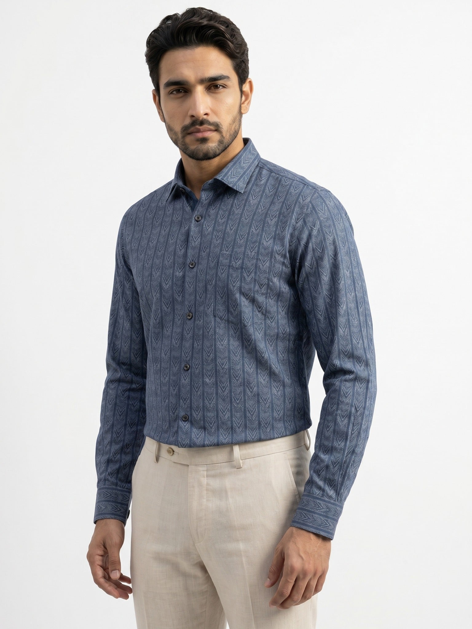 Men's Indigo Blue Chevron Print Full-Sleeve Shirt – 22656