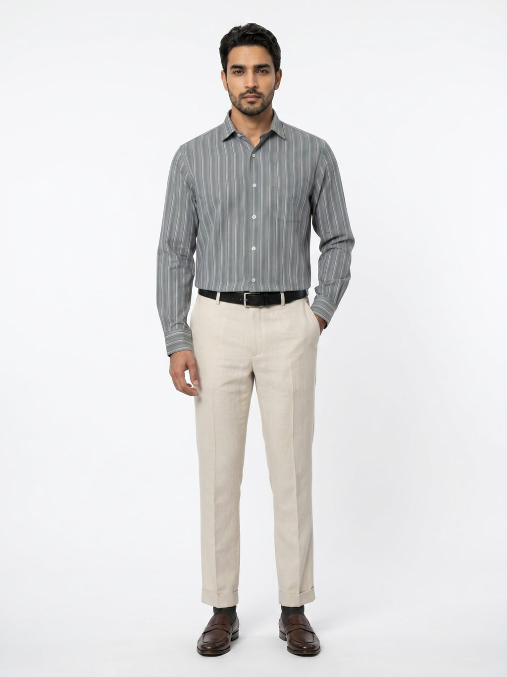 Men's Grey Striped Full-Sleeve Shirt – 22945-2