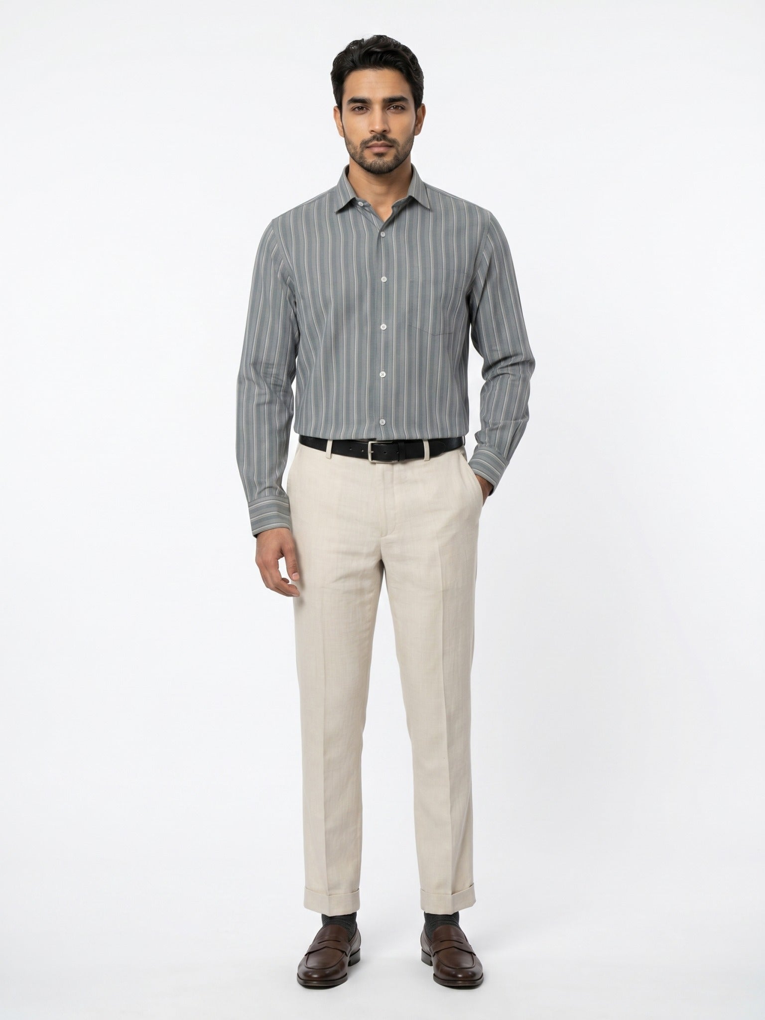 Men's Grey Striped Full-Sleeve Shirt – 22945-2