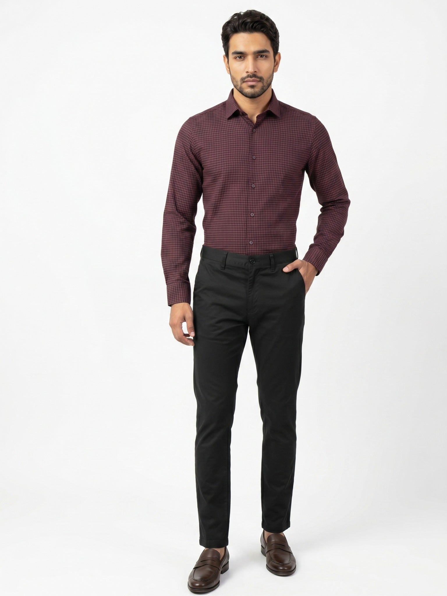 Men's Maroon Houndstooth Check Full-Sleeve Shirt – 47146