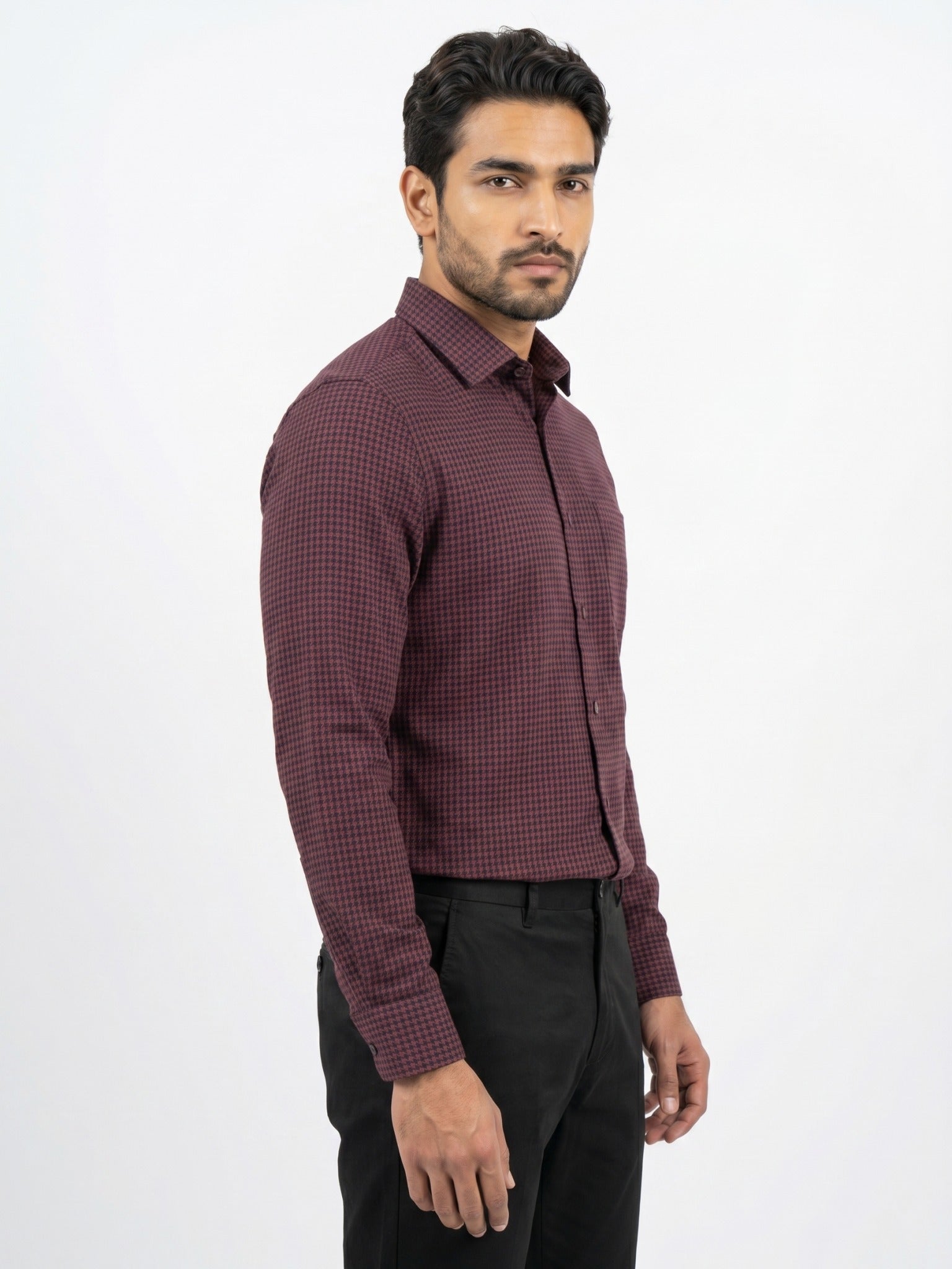 Men's Maroon Houndstooth Check Full-Sleeve Shirt – 47146